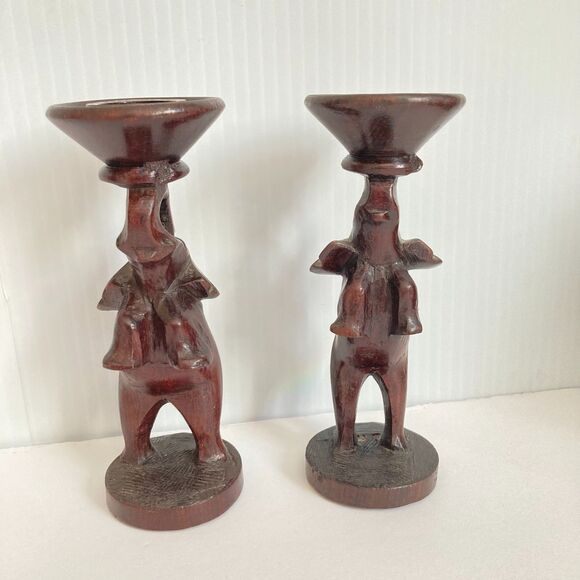 ELEPHANT CANDLE STICKS Taper Vintage Set of 2 Hand Carved Wood Pair 5.5 x 2 in - Picture 3 of 6